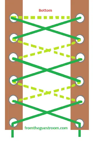 This method of lacing is similar to the traditional or standard criss-cross method. However, there are a few changes to the threading of the laces. These have been given in the steps below. Step 1: Take the two lace ends and go underneath the first two eyelets at the bottom. Pull the laces outwards, through the eyelets. Step 2: Cross the laces and thread them through the next eyelets. This time the movement should be from the outside to the inside. Step 3: Now cross the laces again. Then, pull them through the next pair of eyelets. The movement should be from the inside to the outside. Step 4: Repeat steps 2 and 3 and keep alternating the threading movement, till you reach the top. This will give an X pattern to the laces threaded between each pair of eyelets.