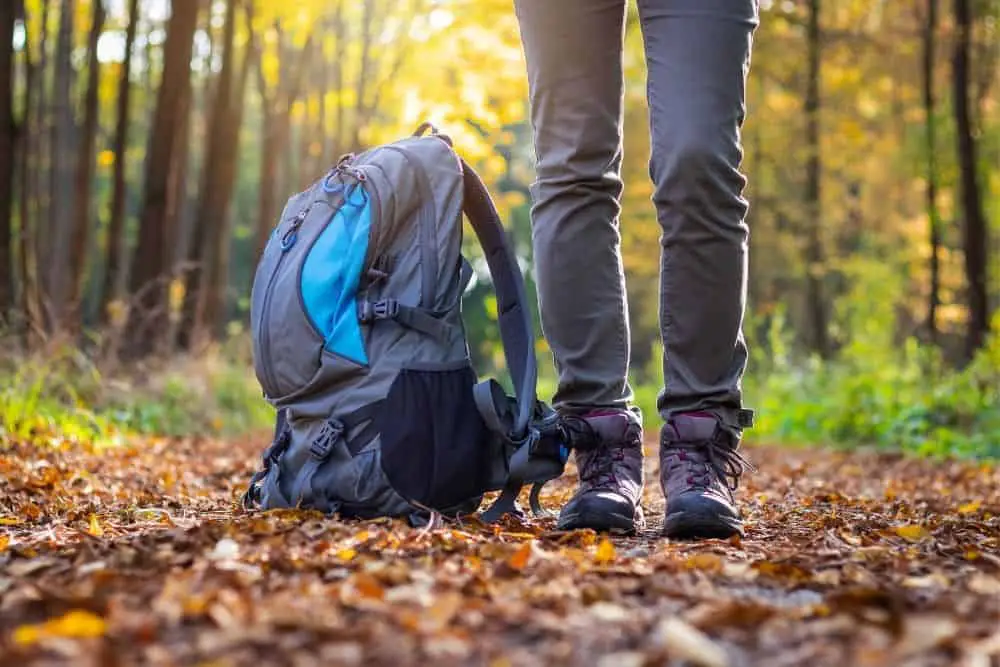 backpack and non slip hiking boots for journey in forest