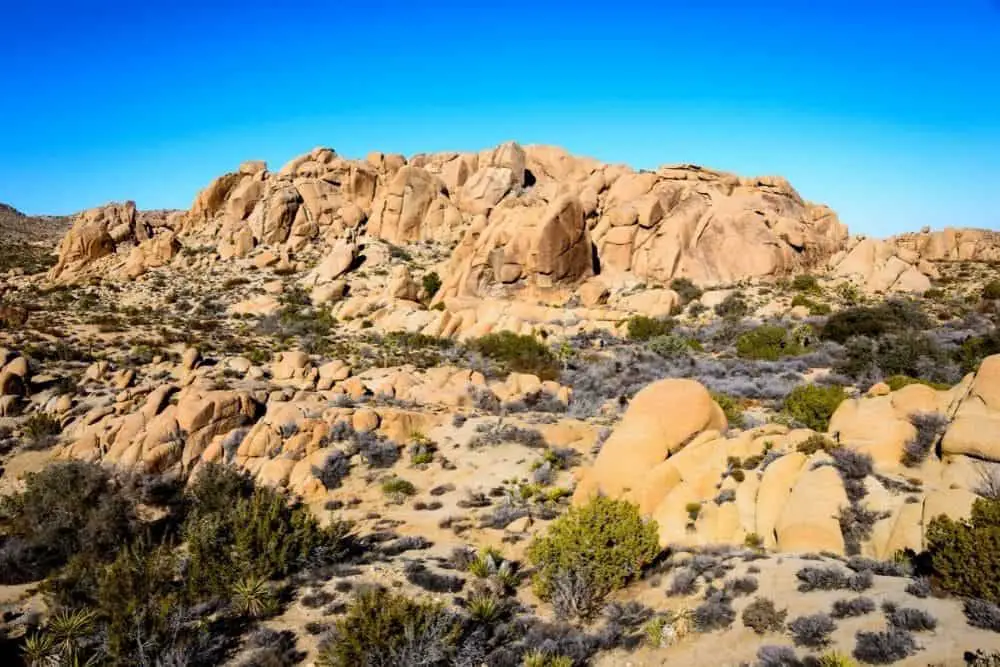 hills of bare rocks broken into boulders in Joshua Tree national park