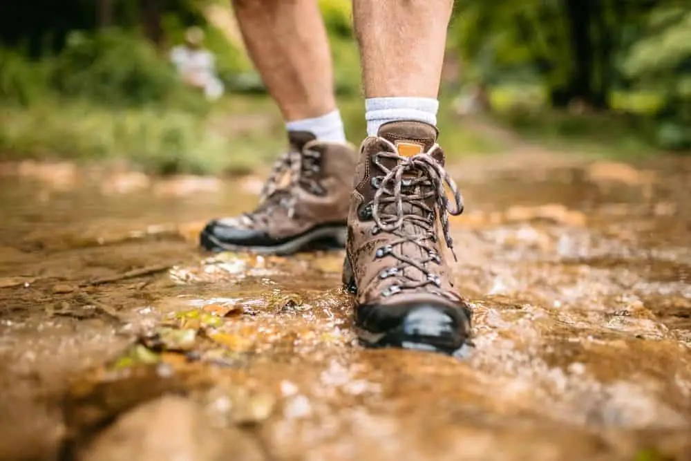 non slip hiking boots on slippery and wet terrain