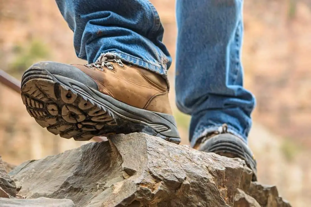 slip resistant sole of hiking boots on rocks