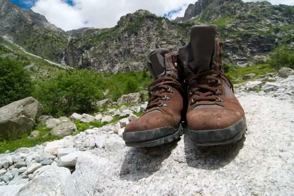 brown suede hiking boots on mountain