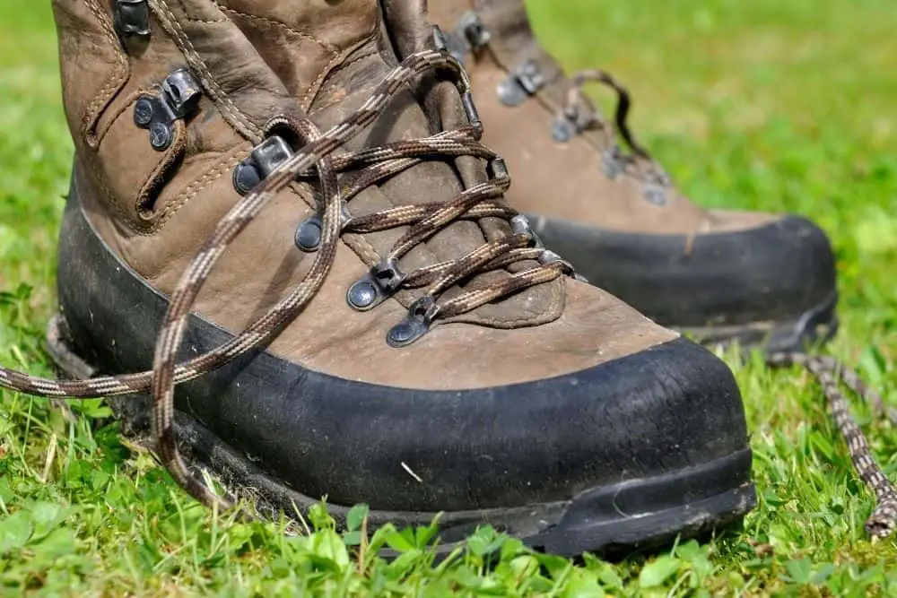 hiking boots on grass