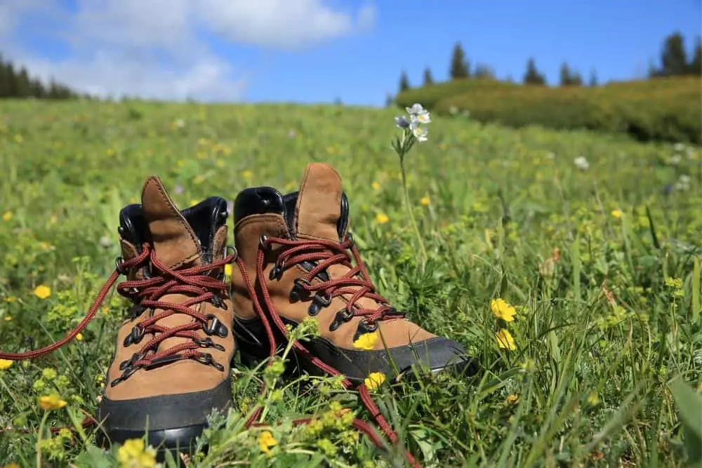 hiking boots on grass