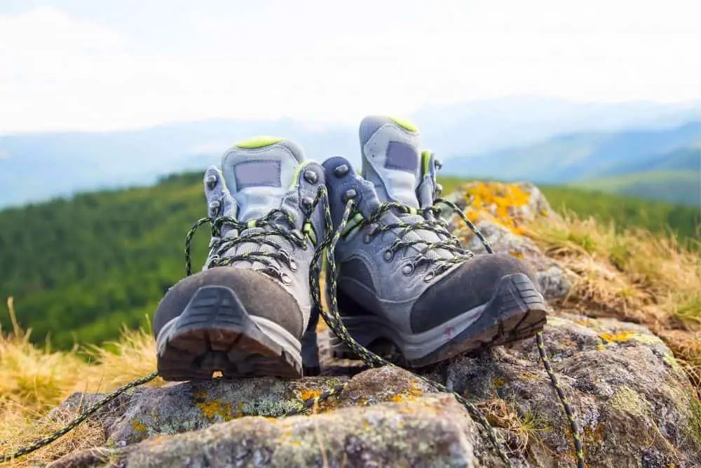 hiking boots on rocks