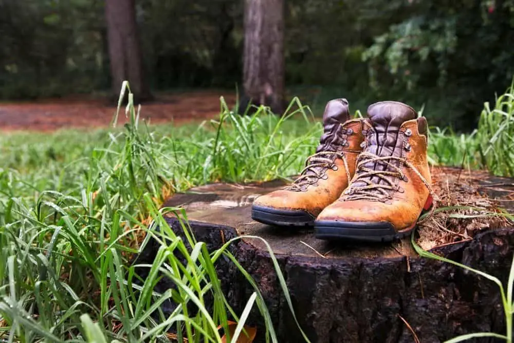 old hiking boots on a stump