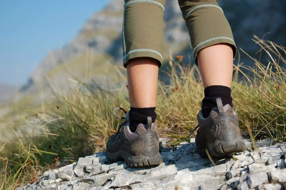 waterproof hiking boots on rocky terrain