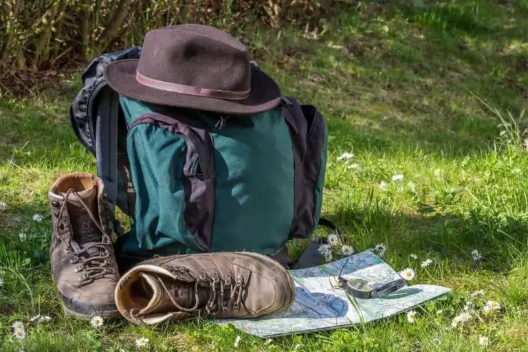 Hiking boots and hat and backpack