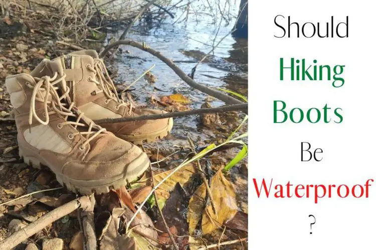 Hiking boots near the lake and the title