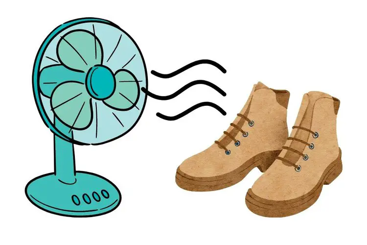 place a pair of hiking boots in front of a blue fan