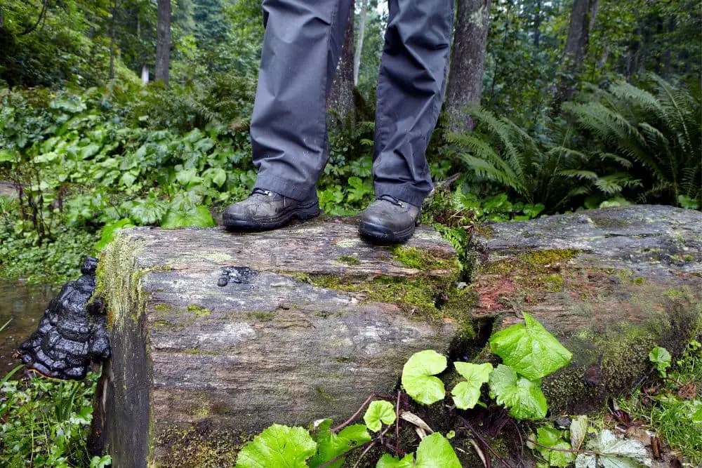 Man wear hiking boots in the rain jungle