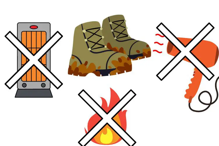 don't use heater, hairdryer, open flame to dry hiking boots