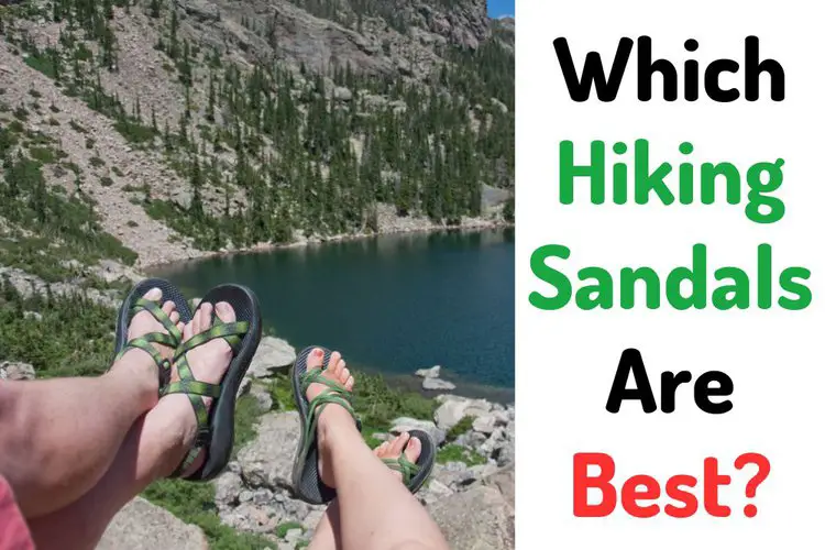 man and woman wear hiking sandals sitting near a lake