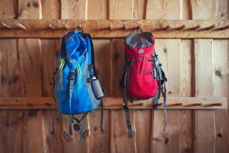 Two hiking backpacks are hanging on the wooden wall