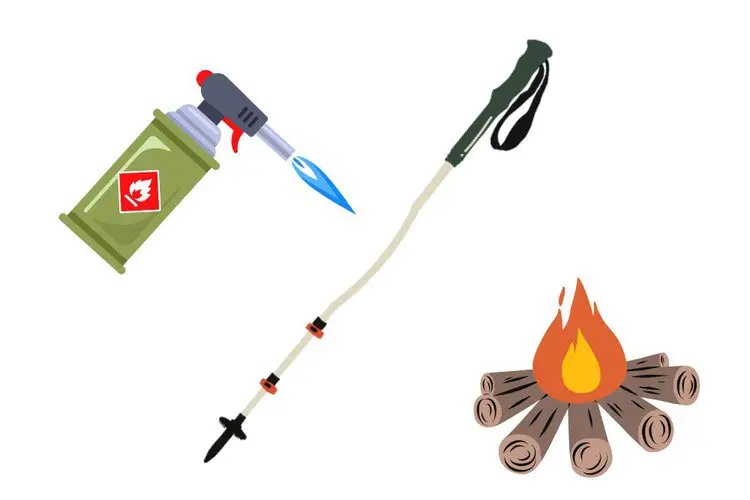 a blowtorch, campfire and hiking pole