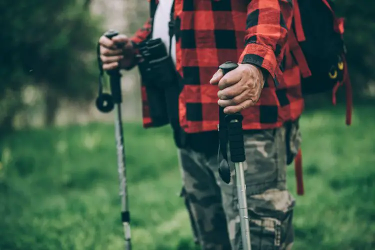 a man with hiking poles standing on grass