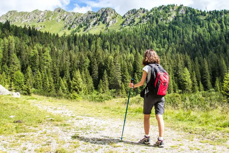 a woman goes hiking in a flat terrain with one hiking pole