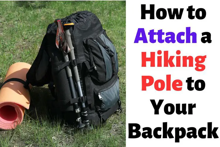 hiking poles are attached to a backpack next to a yoga mat