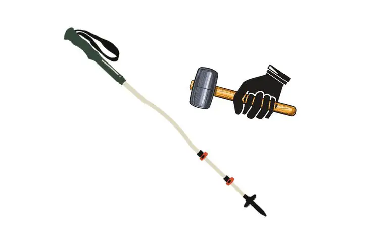 rubber mallet and bent hiking pole
