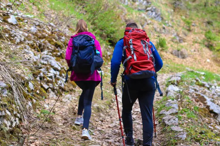 two people go backpacking with hiking poles