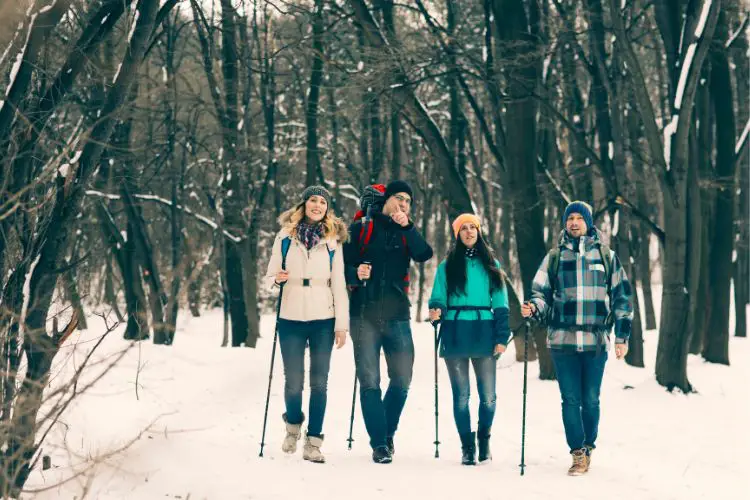 a group goes hiking in winter