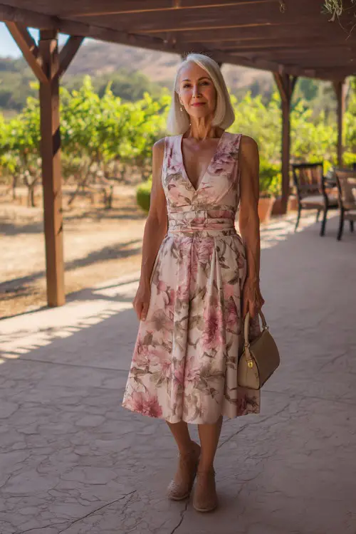 A chic woman over 50 in a white and pink floral tea-length dress with a v-neckline and espadrilles, standing near a wooden pergola at a warm-weather vineyard wedding