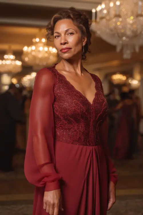 A classy woman over 50 in a deep red full-length gown with sequin detailing and sheer sleeves, standing under crystal chandeliers at a ballroom wedding reception