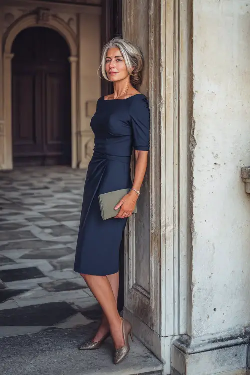 A classy woman over 50 in a navy blue midi dress with a boat neckline and three-quarter sleeves, styled with heels and a clutch, standing near the entrance of a grand wedding venue