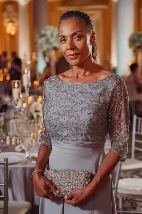 A classy woman over 50 in a silver-gray gown with elbow-length sequin sleeves and a beaded clutch, standing inside a candlelit ballroom wedding venue