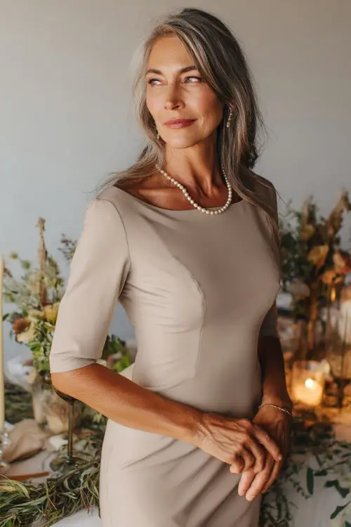 A classy woman over 50 wearing a fitted beige cocktail dress with elbow-length sleeves and pearl jewelry, posing near a minimal boho wedding setup with candles and greenery 