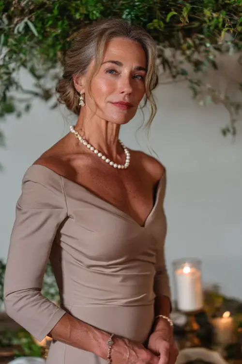 A classy woman over 50 wearing a fitted beige cocktail dress with elbow-length sleeves and pearl jewelry, posing near a minimal boho wedding setup with candles and greenery 