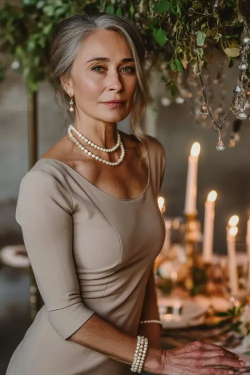 A classy woman over 50 wearing a fitted beige cocktail dress with elbow-length sleeves and pearl jewelry, posing near a minimal boho wedding setup with candles and greenery
