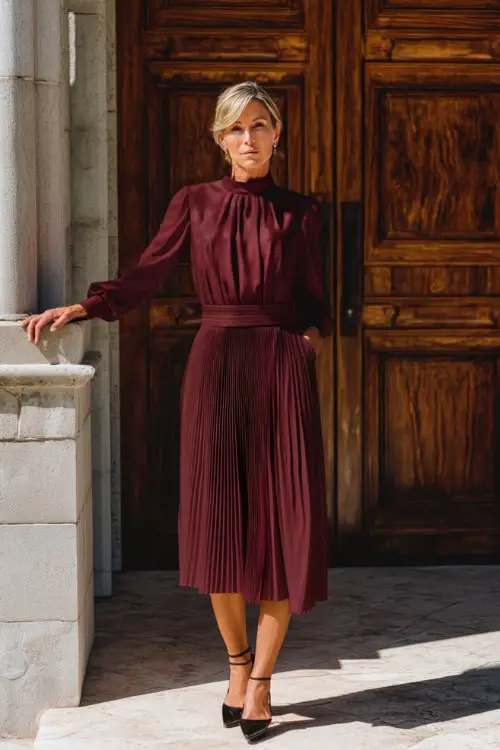 A classy woman over 50 wearing a high-neck pleated midi dress in burgundy with pointed heels, posing in front of a church wedding backdrop 