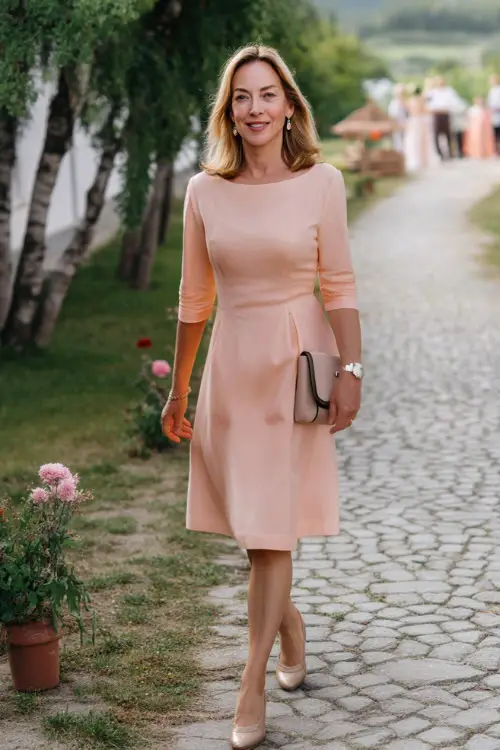 A classy woman over 50 wearing a pastel peach fit-and-flare dress with elbow-length sleeves and flats, walking along a cobblestone path at a small countryside spring wedding 