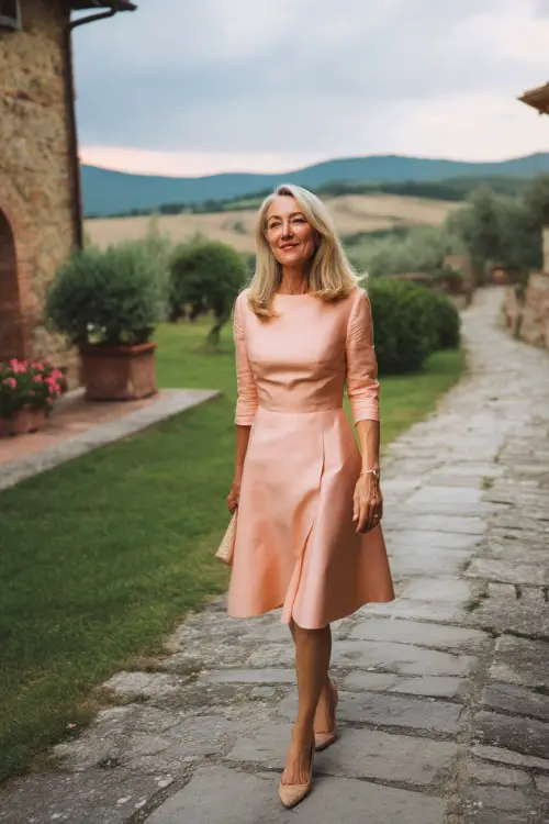 A classy woman over 50 wearing a pastel peach fit-and-flare dress with elbow-length sleeves and flats, walking along a cobblestone path at a small countryside spring wedding