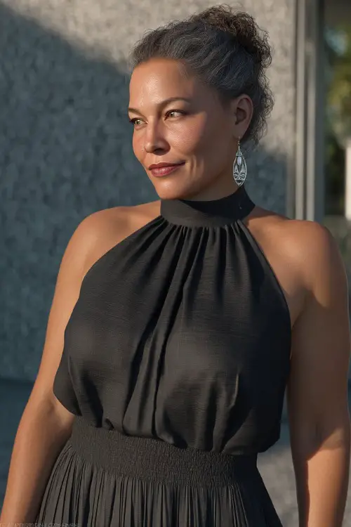 A confident curvy woman over 50 in a sleeveless high-neck black dress with a pleated skirt and silver earrings, posing in front of a modern wedding venue 
