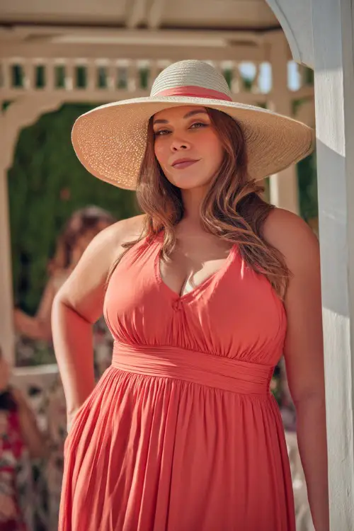 A confident plus-size woman in a coral-colored maxi dress with a smocked bodice and wide-brim hat, standing by a white gazebo at a backyard wedding