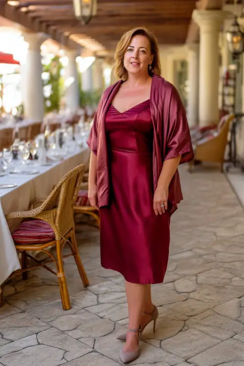 A confident plus-size woman over 50 in a maroon satin midi dress with a shawl and elegant heels, standing beside long reception tables set under a pergola