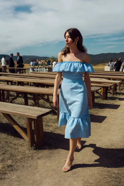 A confident woman in a baby blue off-the-shoulder midi dress with ruffle trim and ankle-strap heels, walking past rustic wooden benches at a countryside wedding