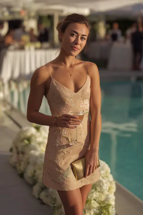 A confident woman in a champagne-colored cocktail dress with floral embroidery and a matching clutch, standing near a poolside venue decorated with white florals 