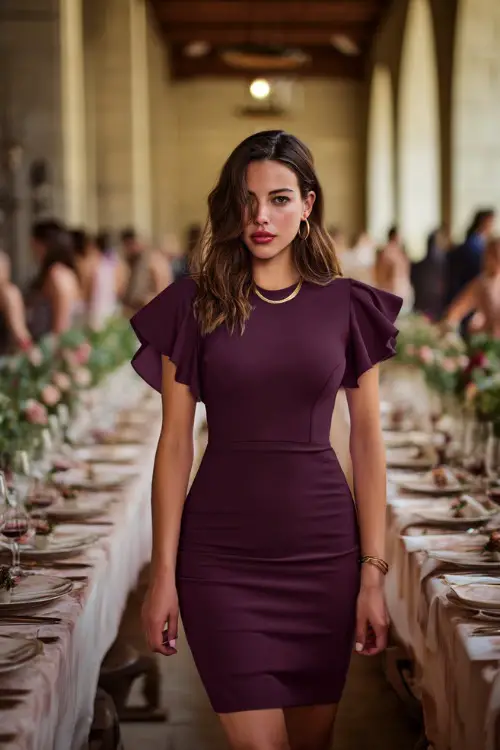 A confident woman in a fitted plum cocktail dress with flutter sleeves and minimalist jewelry, walking past long dinner tables decorated with roses and crystal 