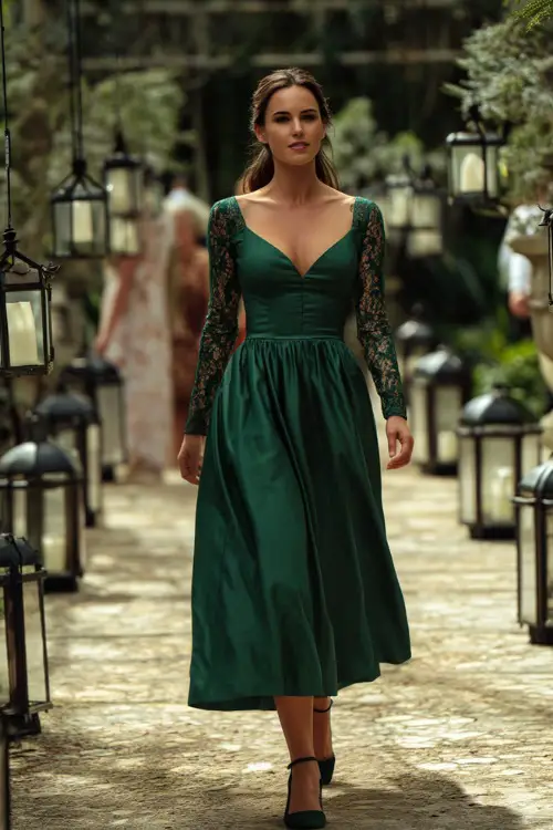 A confident woman in an emerald green A-line gown with lace detailing on the sleeves, walking through a garden reception space lined with lanterns 