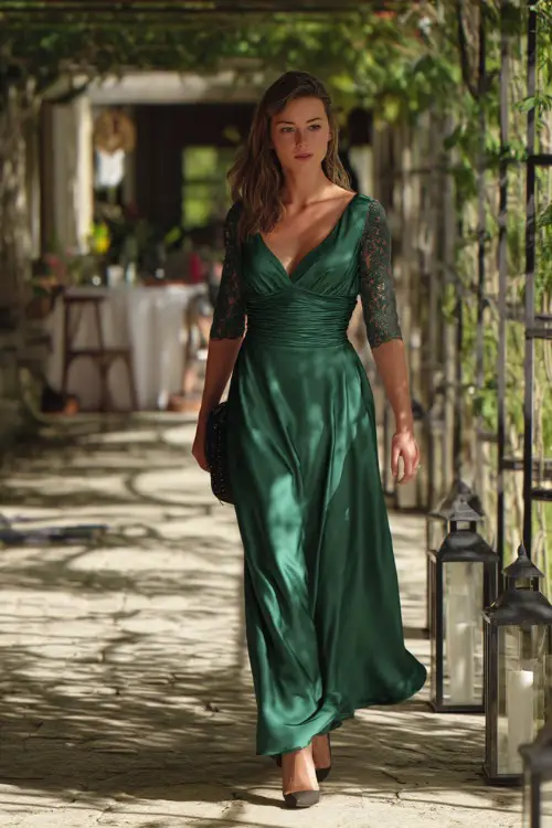 A confident woman in an emerald green A-line gown with lace detailing on the sleeves, walking through a garden reception space lined with lanterns