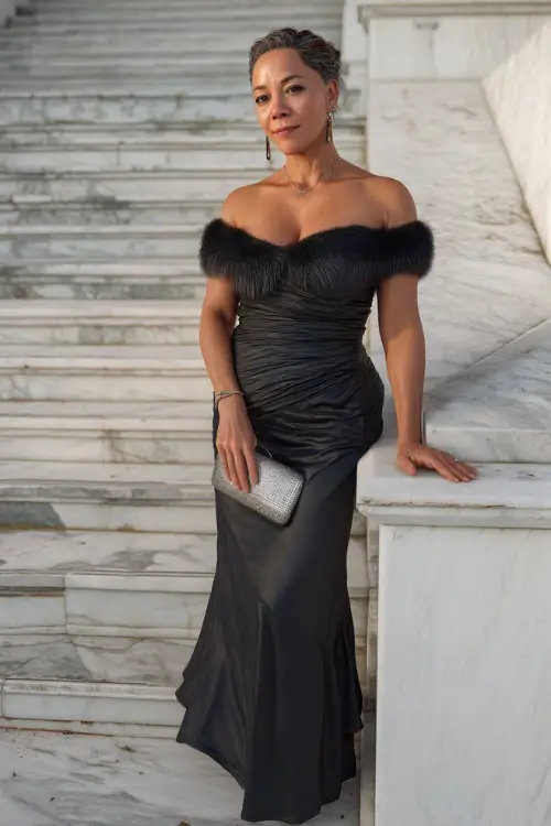 A confident woman over 50 in a black off-the-shoulder formal gown with a satin finish and silver clutch, posing on marble steps at a luxurious wedding hall entrance 