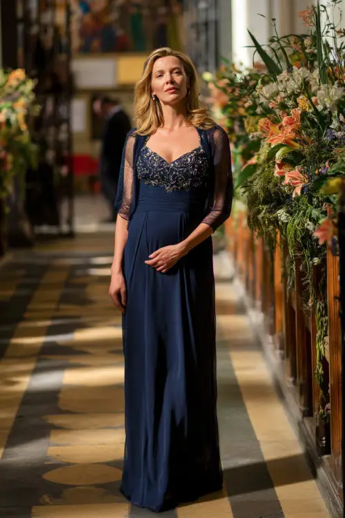 A confident woman over 50 in a floor-length navy gown with a beaded neckline and chiffon sleeves, standing beside a floral-lined aisle at an evening wedding 