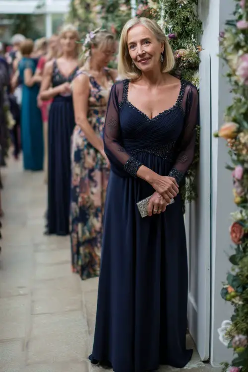 A confident woman over 50 in a floor-length navy gown with a beaded neckline and chiffon sleeves, standing beside a floral-lined aisle at an evening wedding