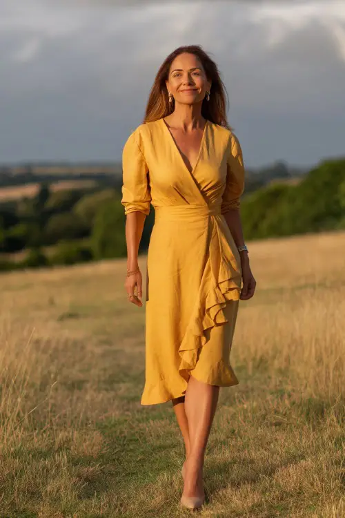 A confident woman over 50 in a ruffled wrap midi dress in mustard yellow with tan heels and gold earrings, standing in a countryside field wedding background 