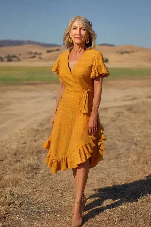 A confident woman over 50 in a ruffled wrap midi dress in mustard yellow with tan heels and gold earrings, standing in a countryside field wedding background