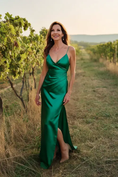 A confident woman over 50 in a sleeveless emerald green satin gown with a subtle slit and block heels, posing in a vineyard at sunset during a formal summer wedding 