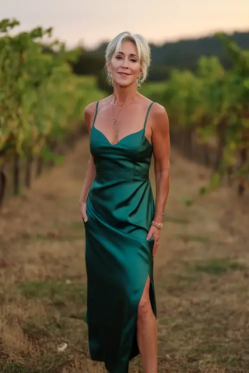 A confident woman over 50 in a sleeveless emerald green satin gown with a subtle slit and block heels, posing in a vineyard at sunset during a formal summer wedding